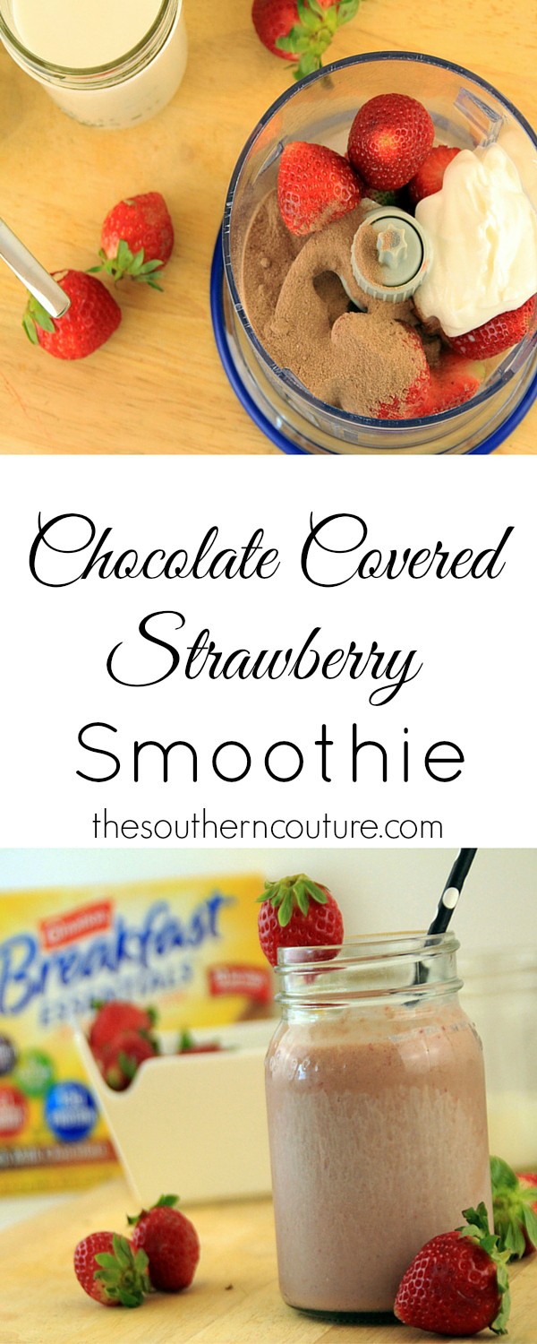 Blend yourself up a Chocolate Covered Strawberry Smoothie for breakfast to beat those sweet cravings. Plus who doesn't love chocolate covered strawberries? Now you can still enjoy the flavor. Get the recipe at thesoutherncouture.com.