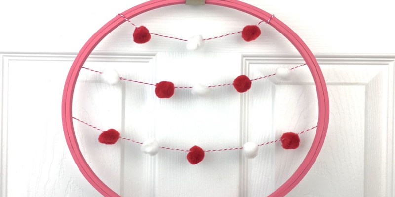 Valentine's Wreath using Embroidery Hoop and Pom Pom Garland