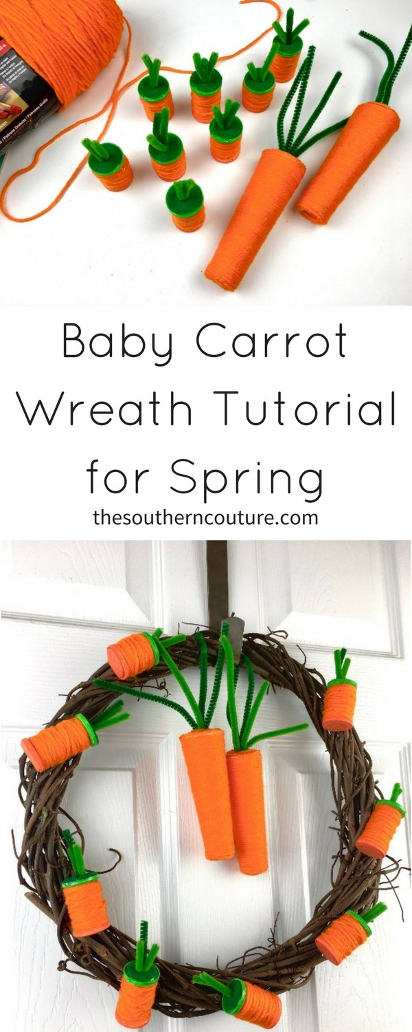 Dress up any door of your house with this baby carrot wreath tutorial for Spring made from upcycled empty spools of thread. Get the full tutorial and list of supplies NOW!