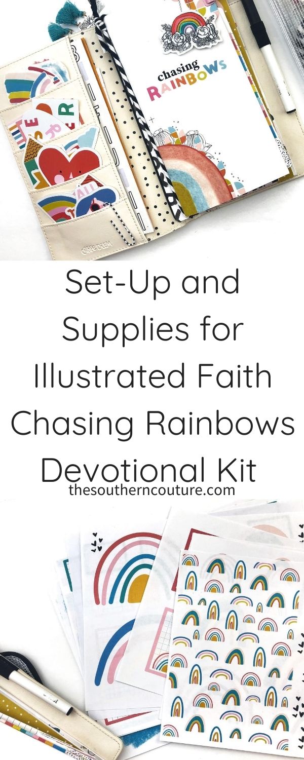 Today I am sharing my set-up and supplies for Illustrated Faith Chasing Rainbows devotional kit using kit items, new printables, and more to embellish my travelers notebook. 