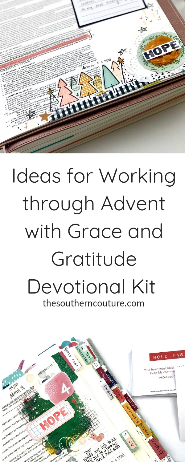 Check out these ideas for working through Advent with Grace and Gratitude devotional kit by making mini entries in your journaling Bible or even larger entries with the supplies in the kit. 