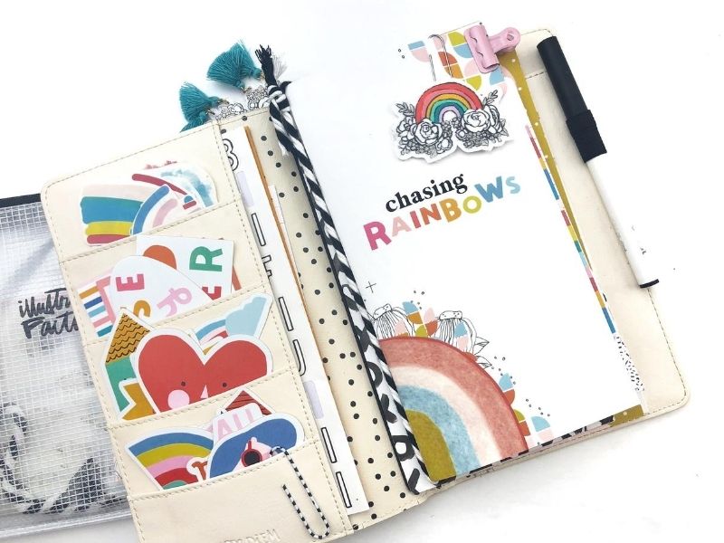 Set-Up and Supplies for Illustrated Faith Chasing Rainbows Devotional Kit